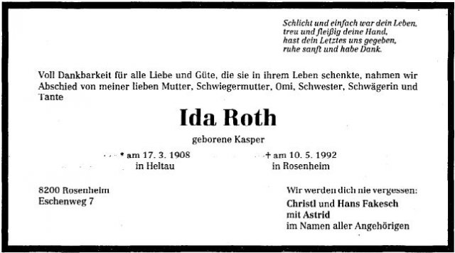 Kasper Ida 1908-1992 Todesanzeige